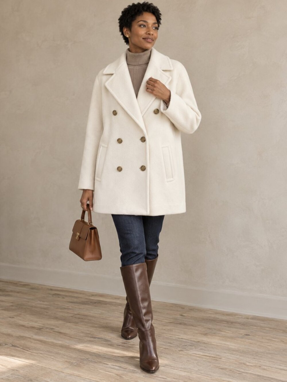 NEW Ever New Cream Double-Breasted Peacoat with Gold Buttons Size 8